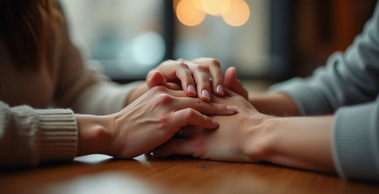 Gros plan sur les mains expressives d'une personne en conversation montrant l'écoute attentive