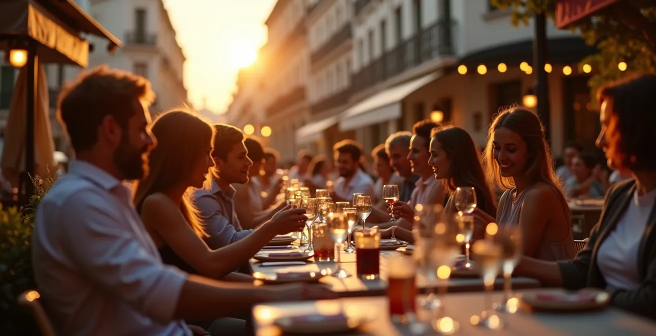 Groupe de personnes lors d'un apéritif en terrasse, atmosphère conviviale française