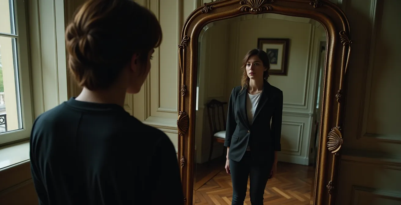 Personne face à un miroir ancien avec reflet authentique, symbolisant l'introspection