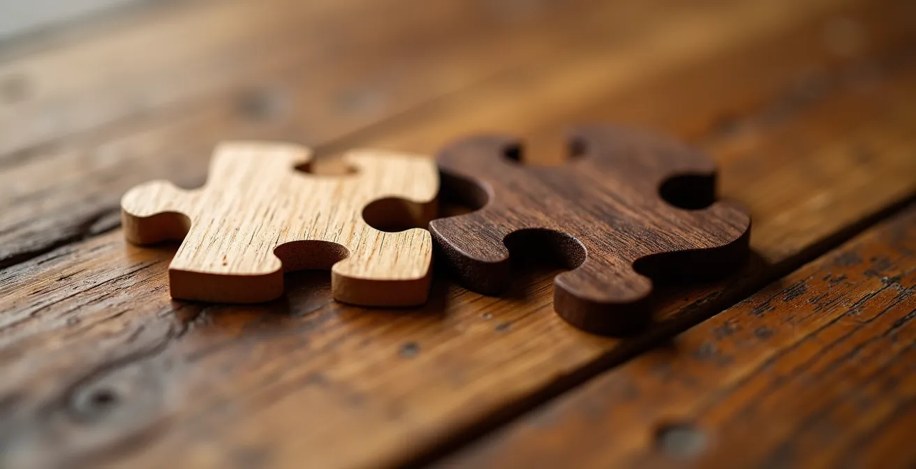Gros plan de deux pièces de puzzle en bois s'emboîtant parfaitement avec jeu de lumière