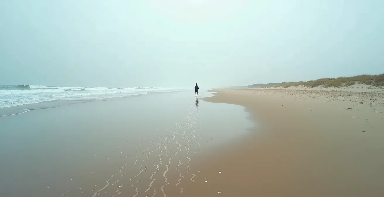 Vue aérienne minimaliste d'une personne marchant sur une plage entre deux marées, symbolisant la transition et la transformation