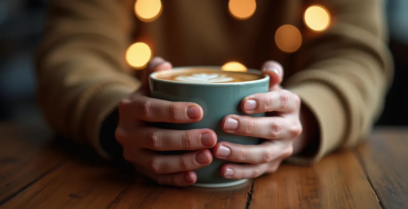 Gros plan sur des mains tenant une tasse de café dans un café parisien, avec une atmosphère chaleureuse