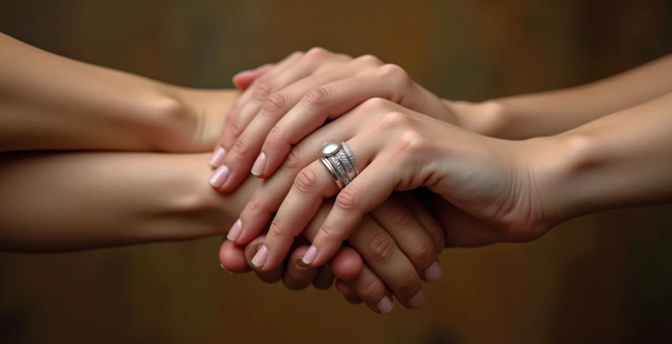 Détail macro de trois mains entrelacées symbolisant les piliers de la connexion durable