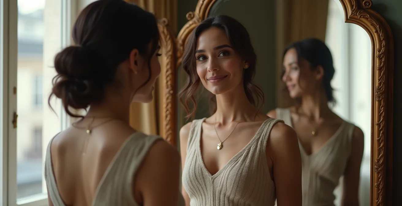 Femme face à un miroir triptyque reflétant trois versions d'elle-même avec différentes expressions émotionnelles