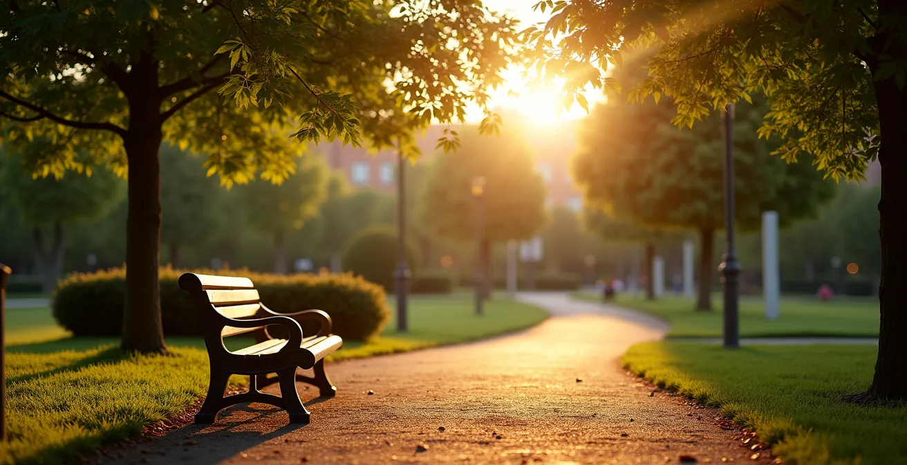 Vue large d'un parc paisible français avec banc vide, lumière dorée du soir filtrant à travers les arbres