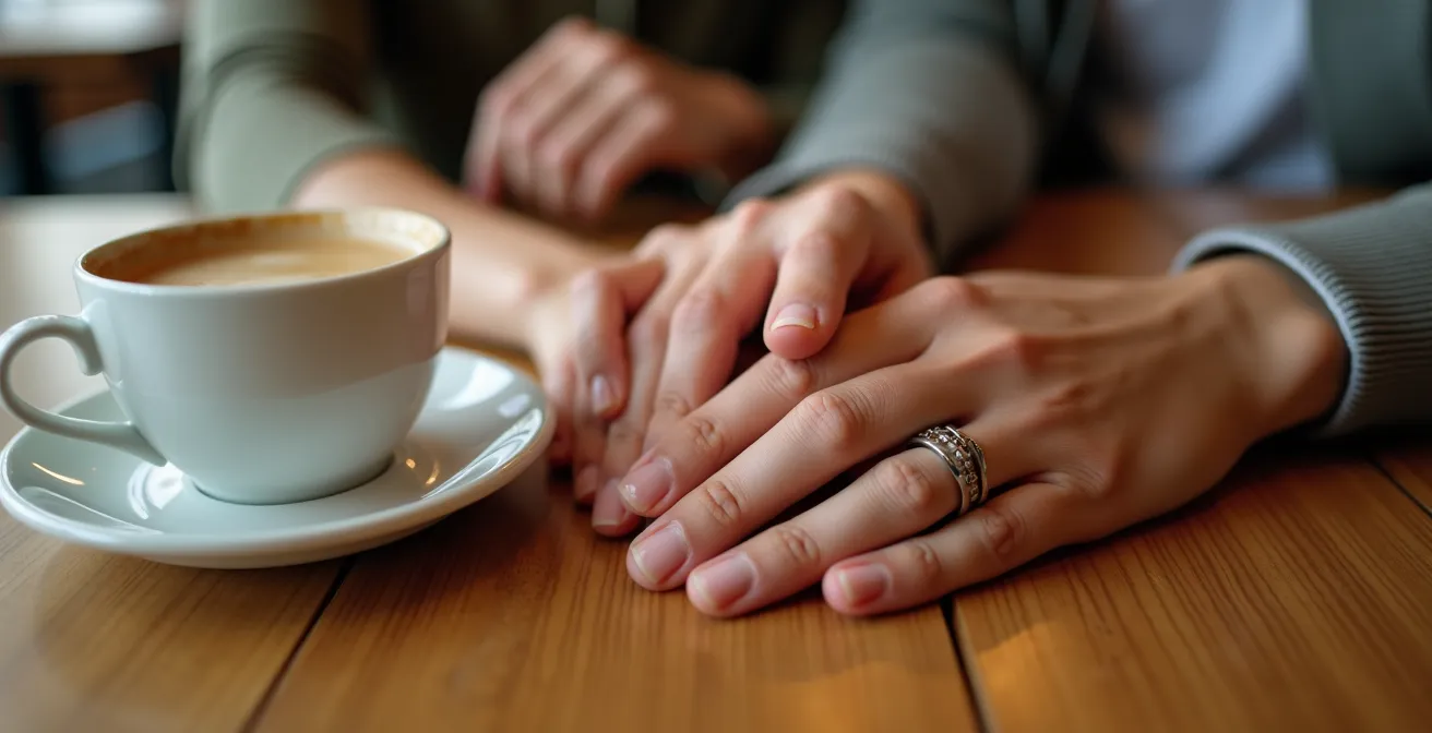 Vue macro détaillée des mains d'un couple lors d'un rendez-vous, montrant la synchronisation gestuelle